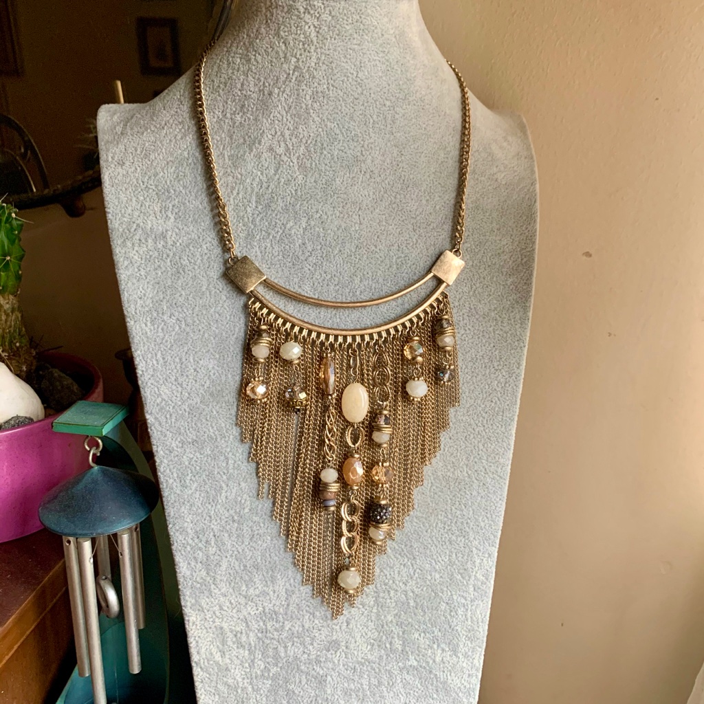 Egyptian Revival Fringe Stone & Crystal Necklace - Gold Fringe Necklace - Nwot